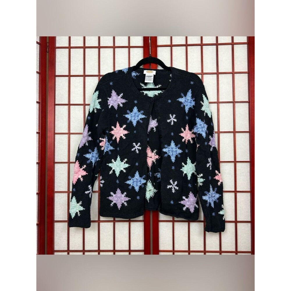 Vintage 90s Talbots Black Colorful Whimsical Snowflake Novelty Cardigan Sweater